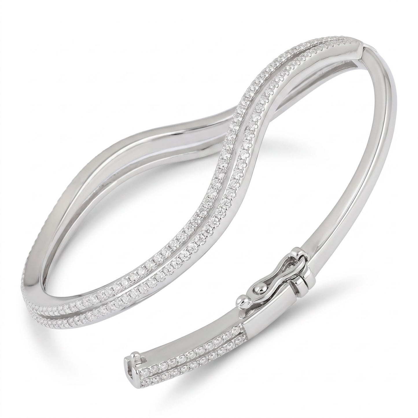 Sterling Silver Curve Pave CZ Bangle Bracelet for Women, Elegant Statement Gift