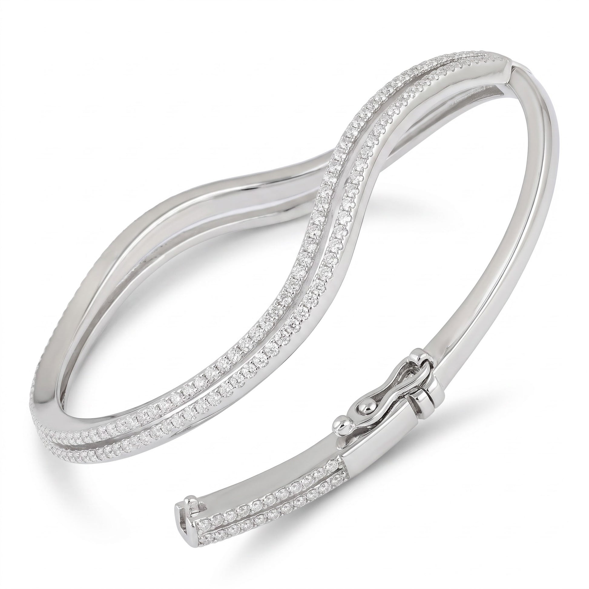 Sterling Silver Curve Pave CZ Bangle Bracelet for Women, Elegant Statement Gift