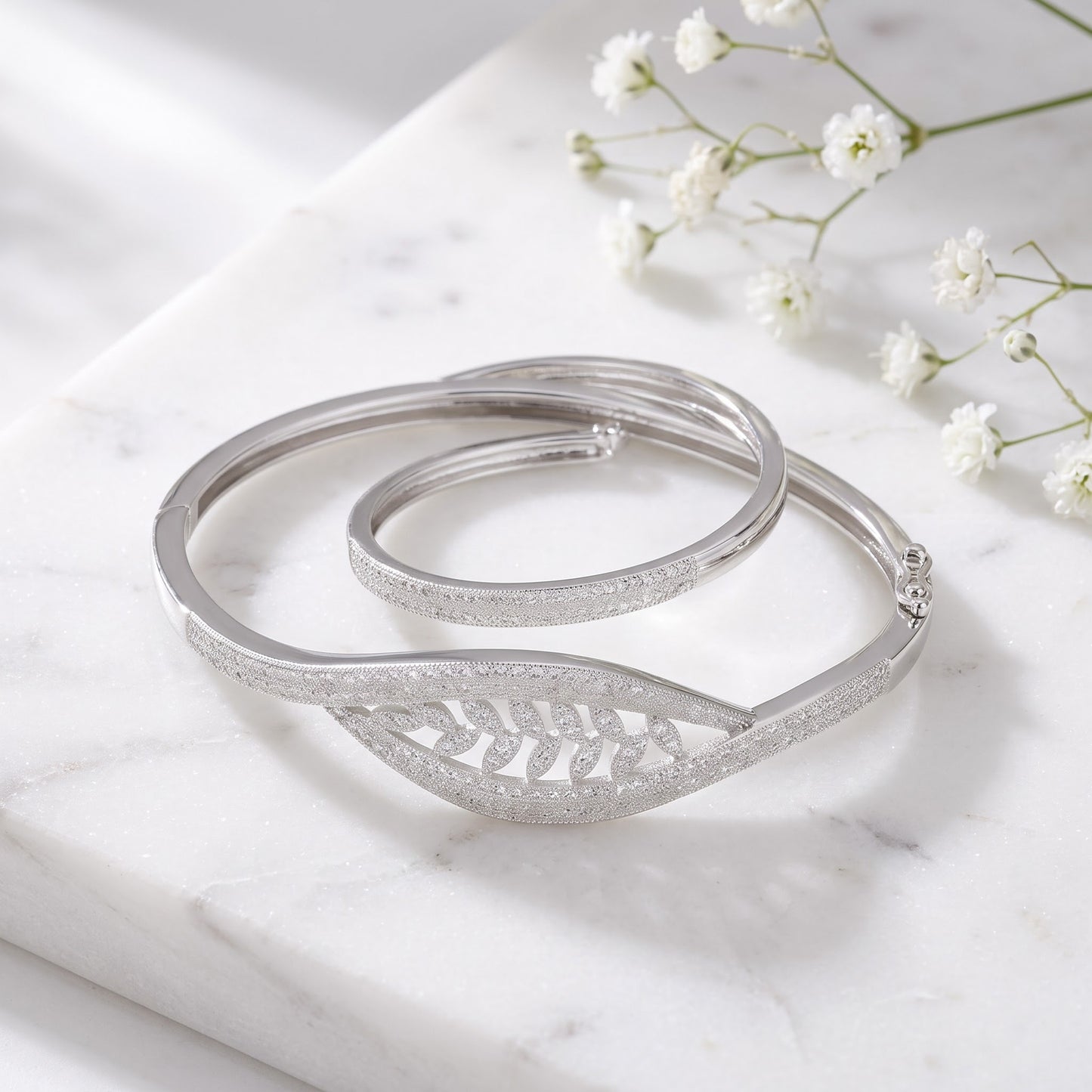 Sterling Silver Leaves Pave CZ Bangle Bracelet for Women, Elegant Statement Gift view 1