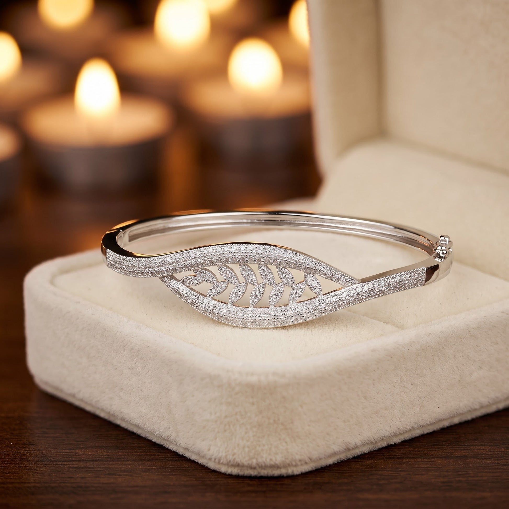 Sterling Silver Leaves Pave CZ Bangle Bracelet for Women, Elegant Statement Gift view 2