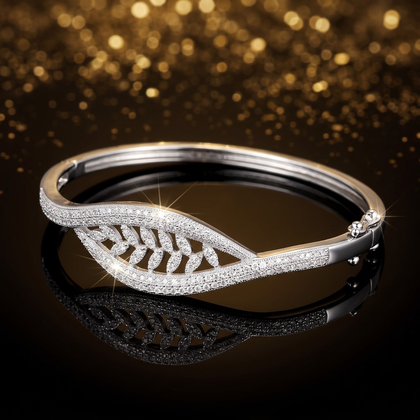 Sterling Silver Leaves Pave CZ Bangle Bracelet for Women, Elegant Statement Gift view 3