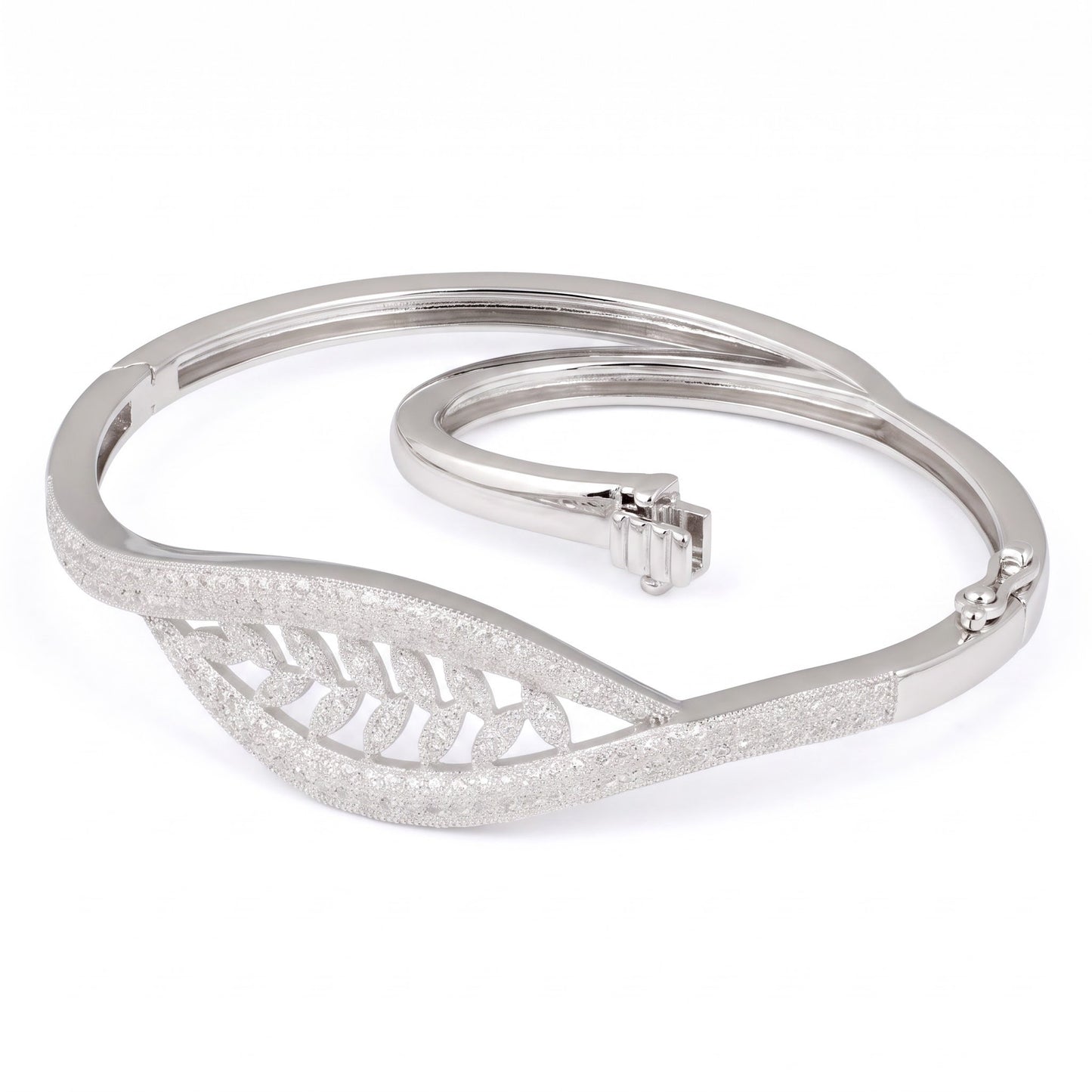 Sterling Silver Leaves Pave CZ Bangle Bracelet for Women, Elegant Statement Gift