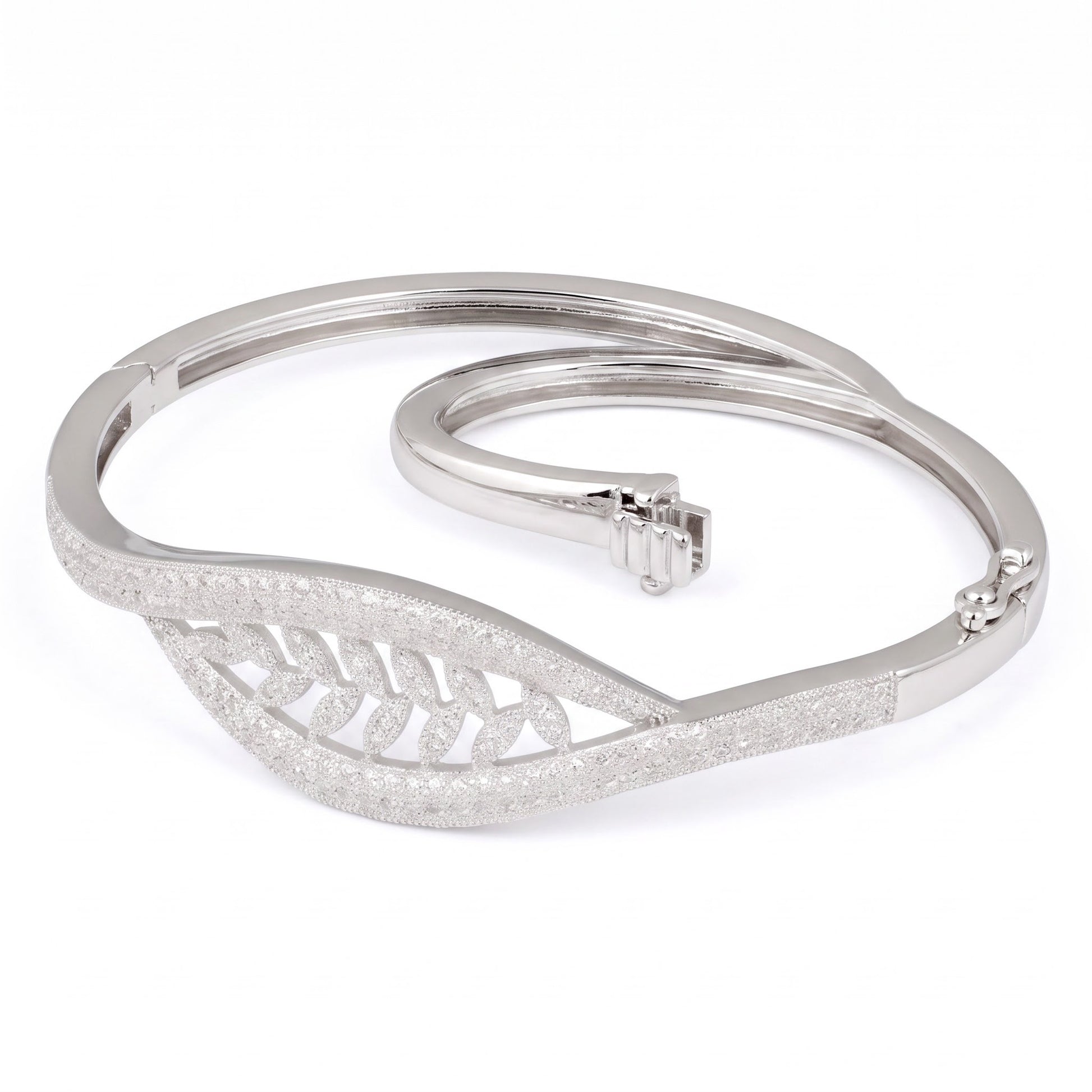 Sterling Silver Leaves Pave CZ Bangle Bracelet for Women, Elegant Statement Gift