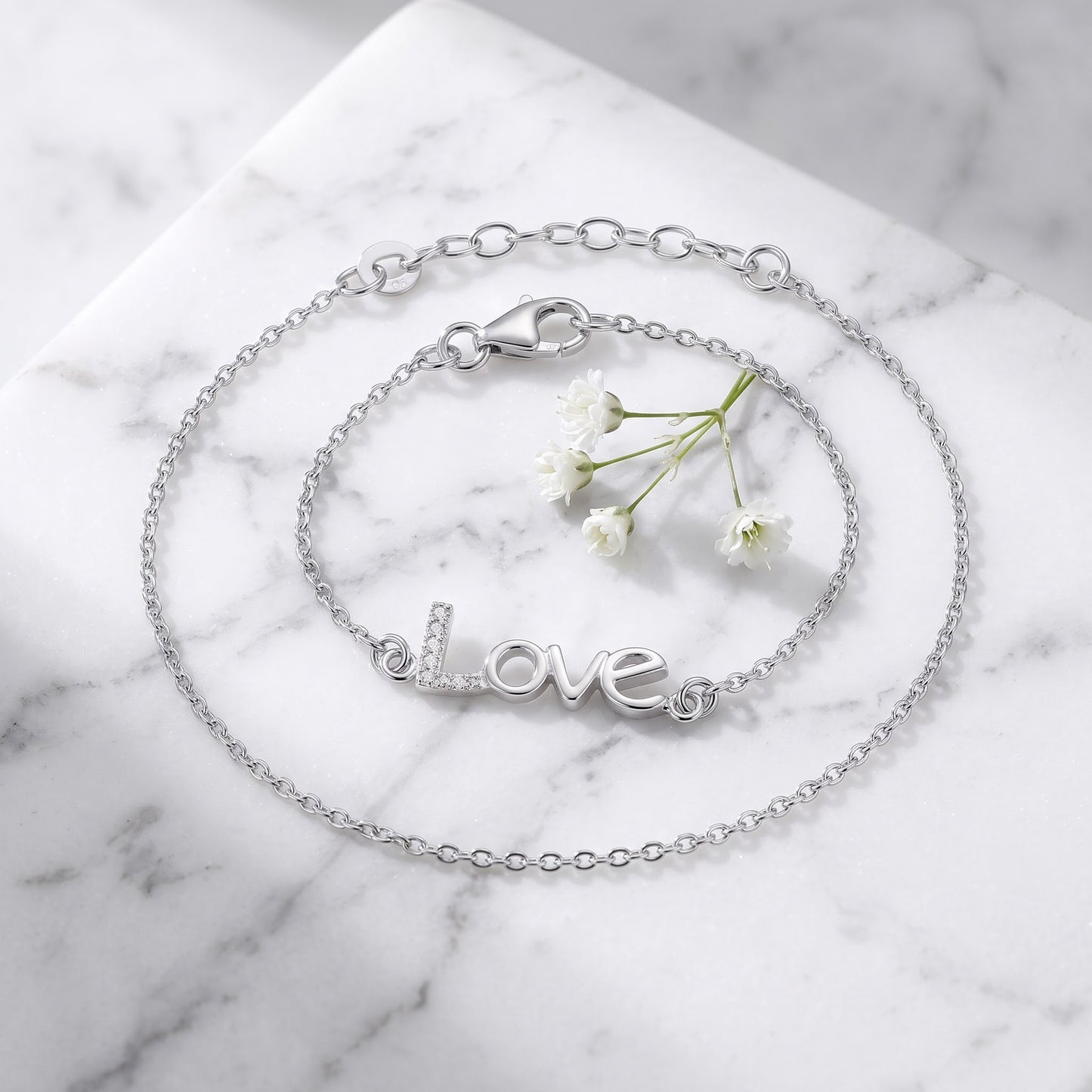 Sterling Silver "Love" CZ Bracelet for Women, Chain Link, Dainty Everyday Jewelry Gift view 1