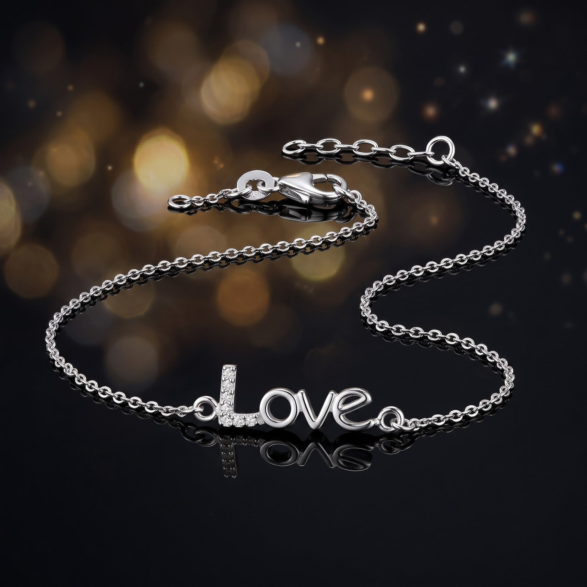 Sterling Silver "Love" CZ Bracelet for Women, Chain Link, Dainty Everyday Jewelry Gift view 3
