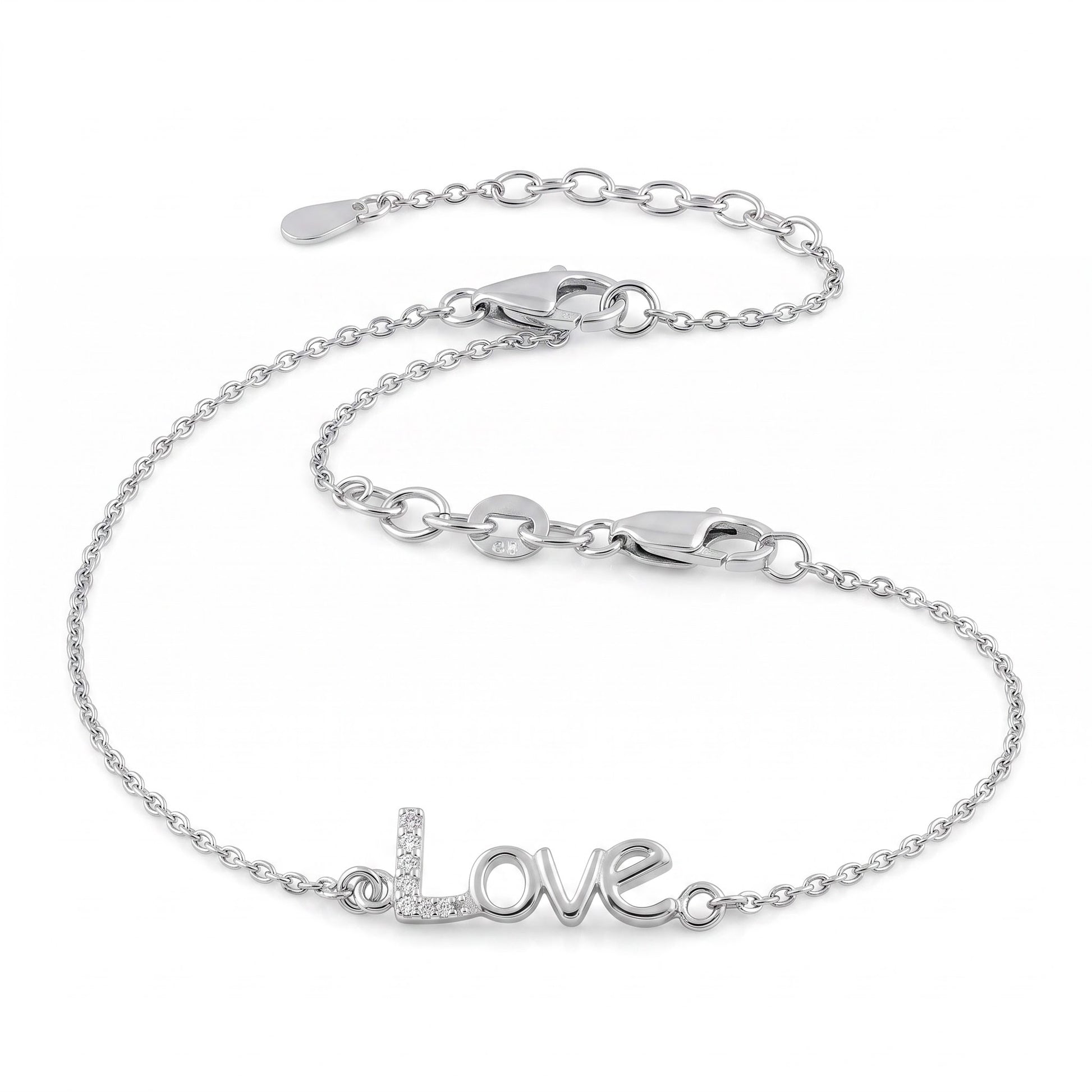 Sterling Silver "Love" CZ Bracelet for Women, Chain Link, Dainty Everyday Jewelry Gift
