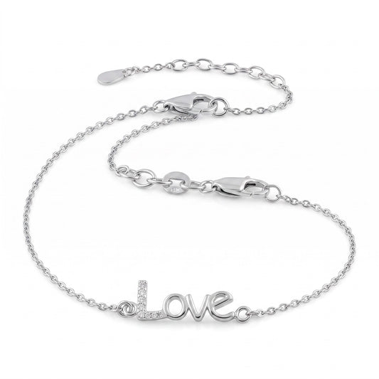 Sterling Silver "Love" CZ Bracelet for Women, Chain Link, Dainty Everyday Jewelry Gift