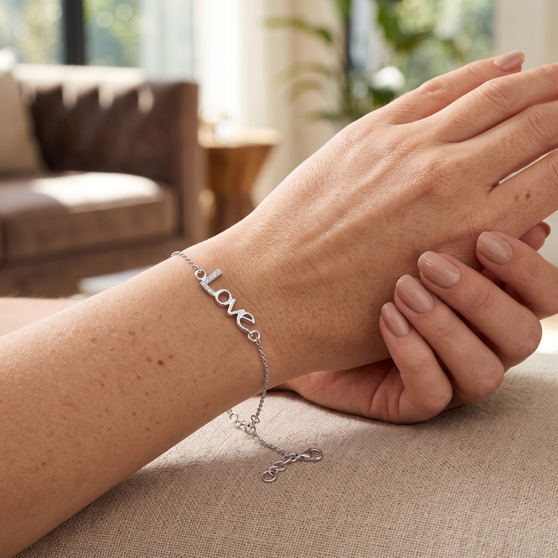 Sterling Silver "Love" CZ Bracelet for Women, Chain Link, Dainty Everyday Jewelry Gift view 4
