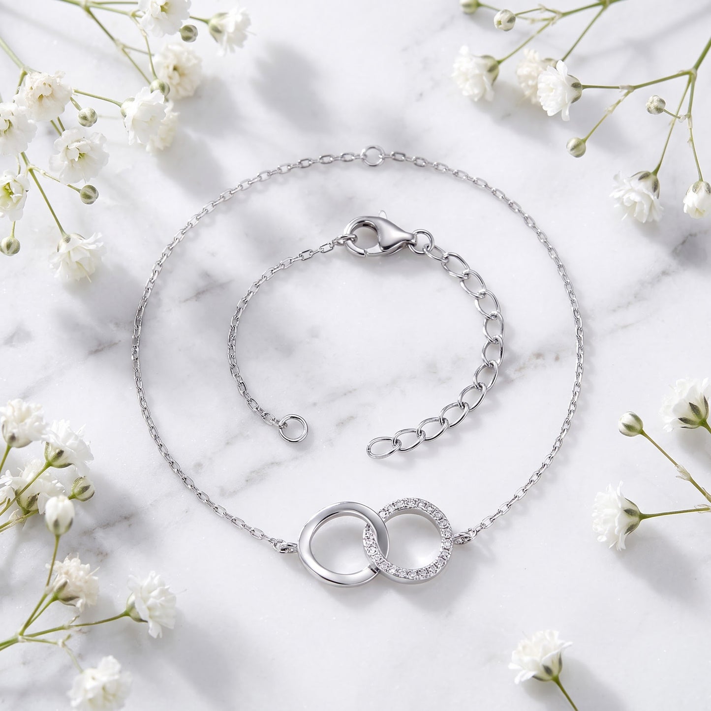 Sterling Silver Double Link Circles CZ Bracelet for Women, Chain Link, Dainty Everyday Jewelry Gift view 1