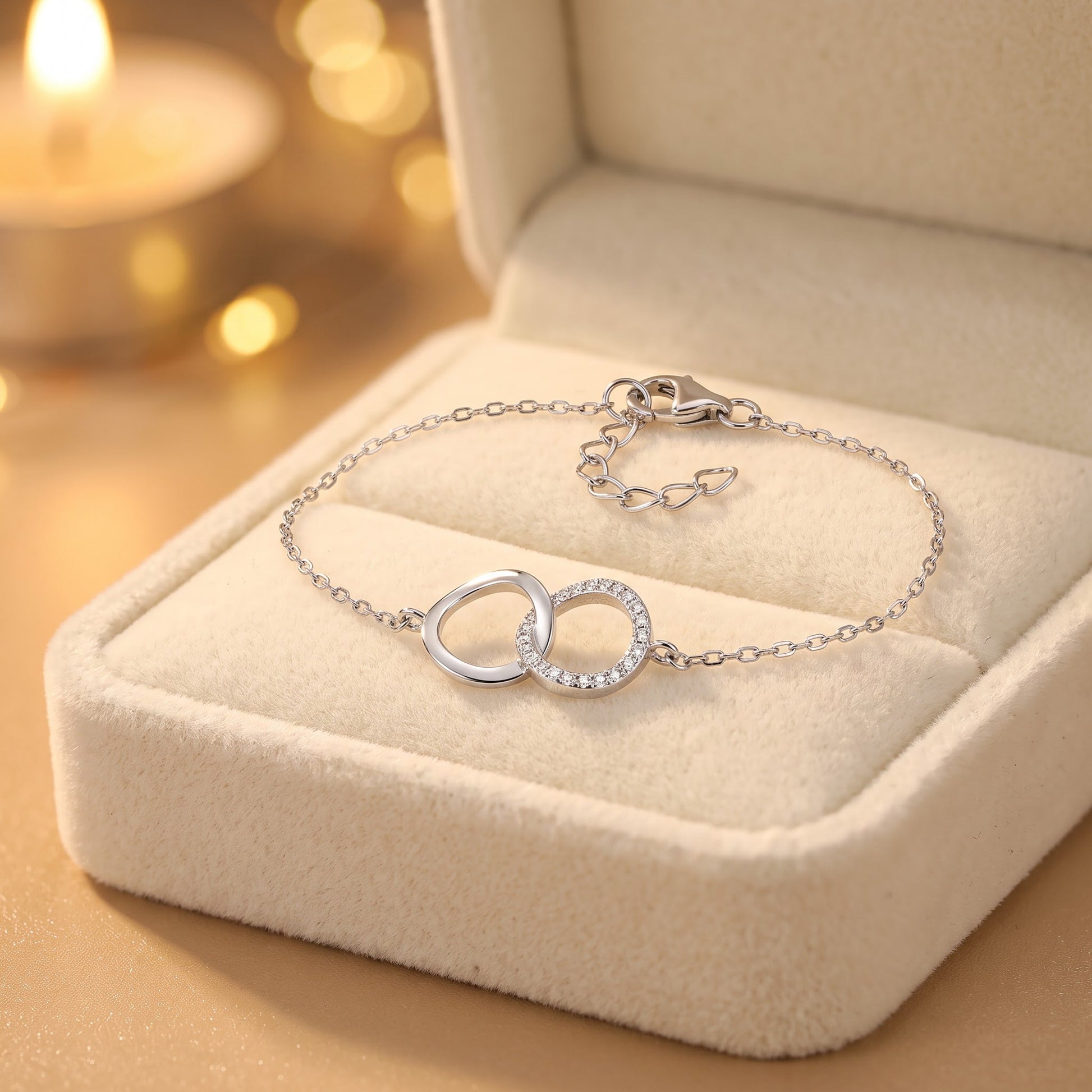 Sterling Silver Double Link Circles CZ Bracelet for Women, Chain Link, Dainty Everyday Jewelry Gift view 2