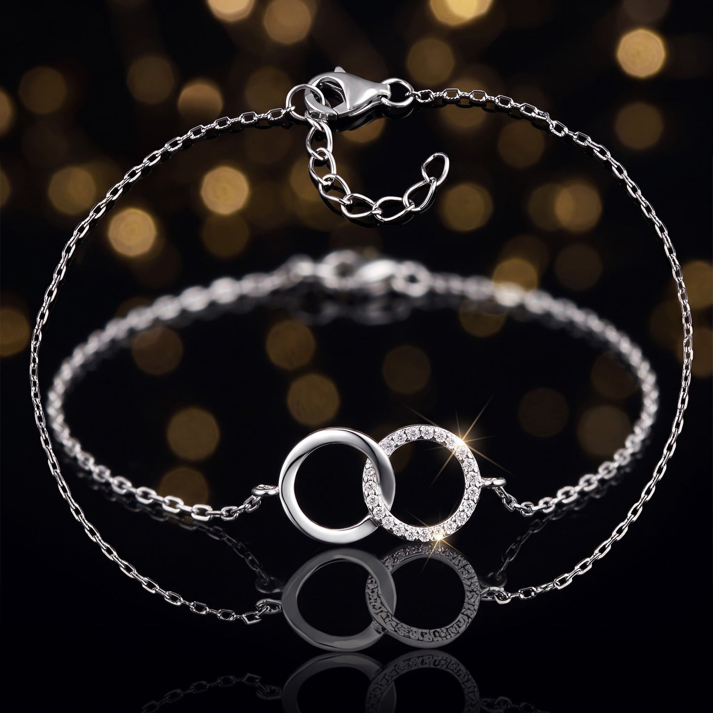 Sterling Silver Double Link Circles CZ Bracelet for Women, Chain Link, Dainty Everyday Jewelry Gift view 3