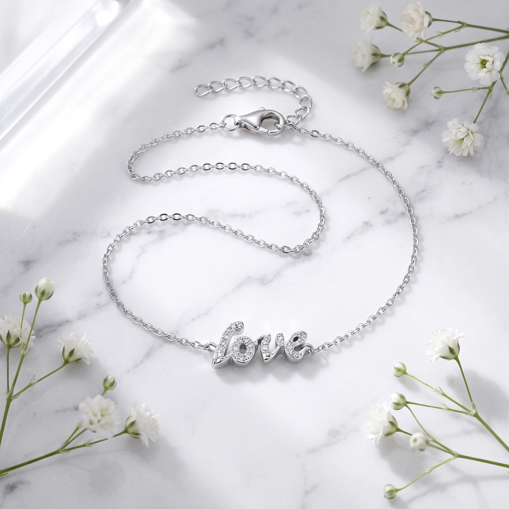 Sterling Silver Stylish 'Love' Clear CZ Bracelet for Women, Chain Link, Dainty Everyday Jewelry Gift view 1