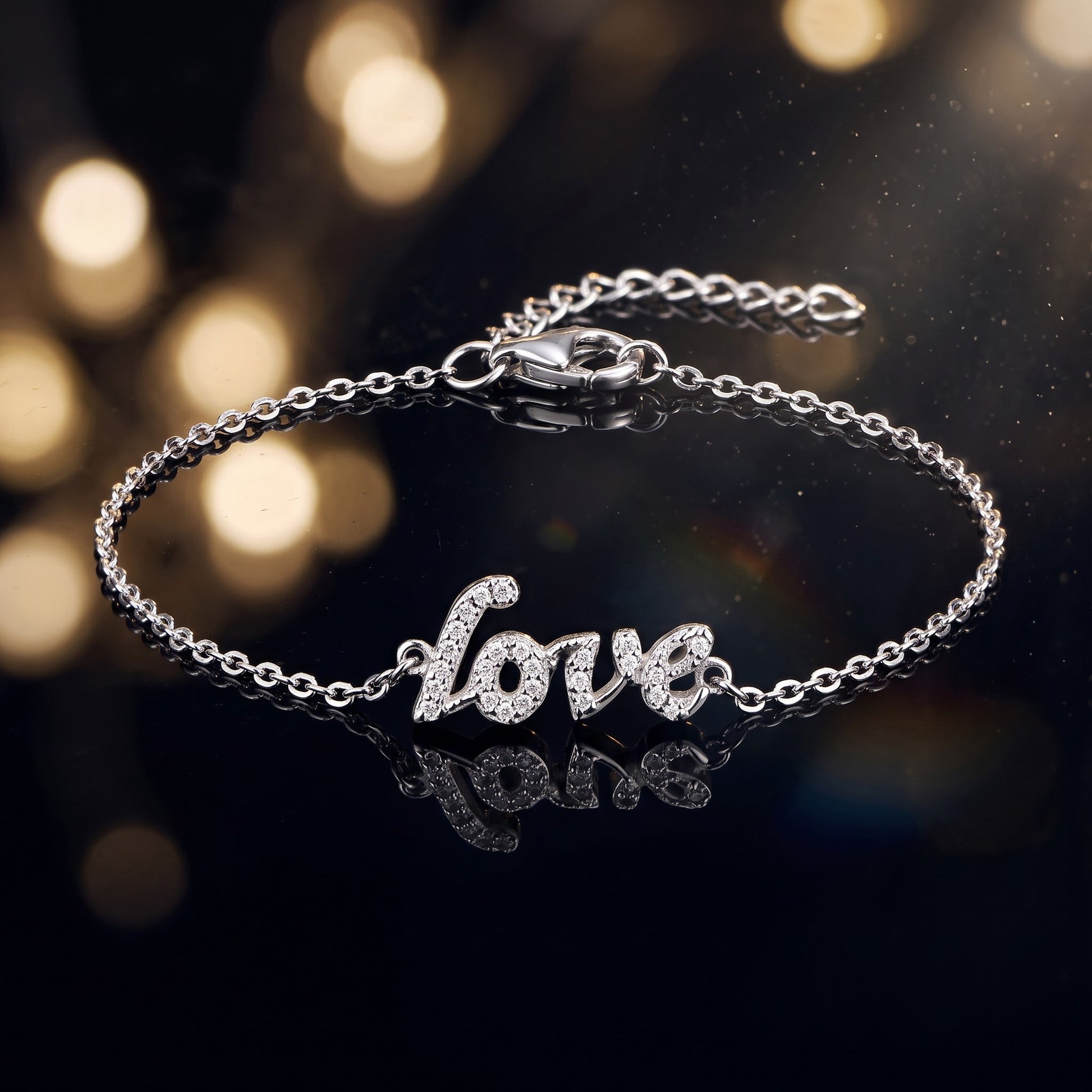 Sterling Silver Stylish 'Love' Clear CZ Bracelet for Women, Chain Link, Dainty Everyday Jewelry Gift view 3