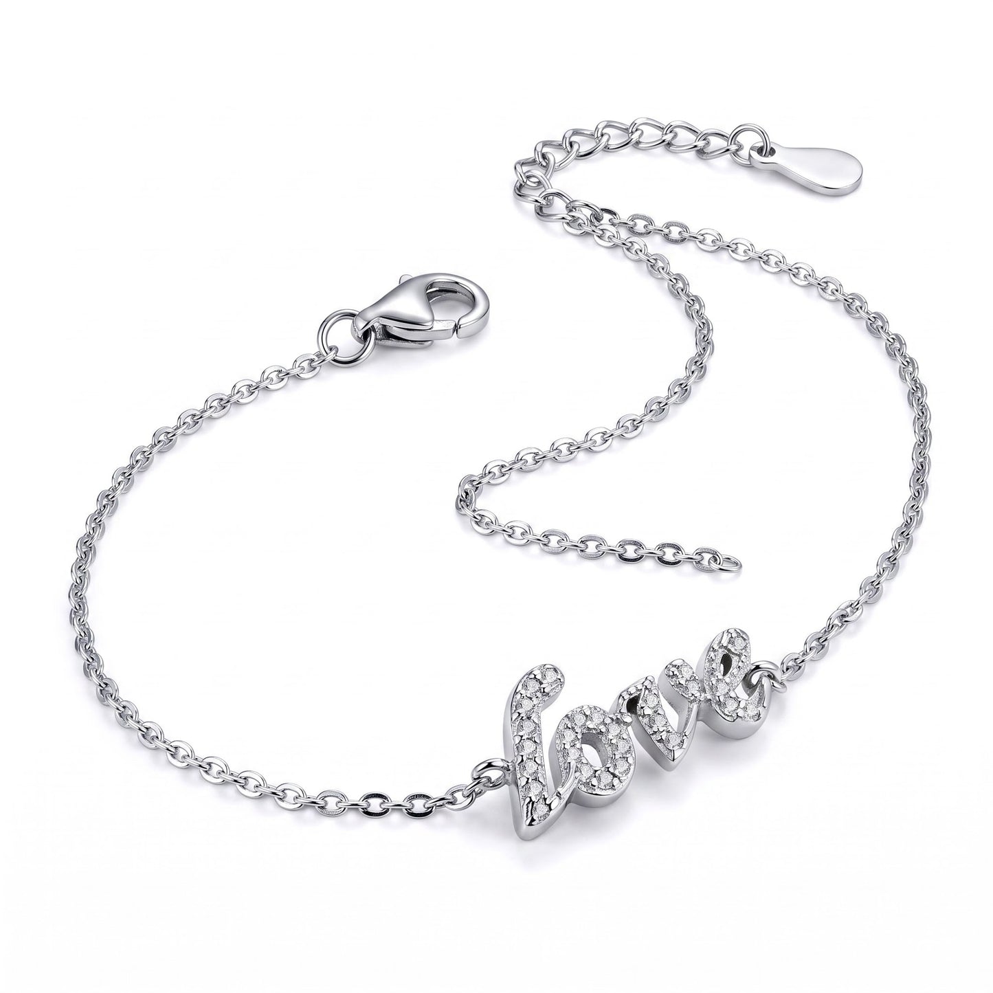 Sterling Silver Stylish 'Love' Clear CZ Bracelet for Women, Chain Link, Dainty Everyday Jewelry Gift