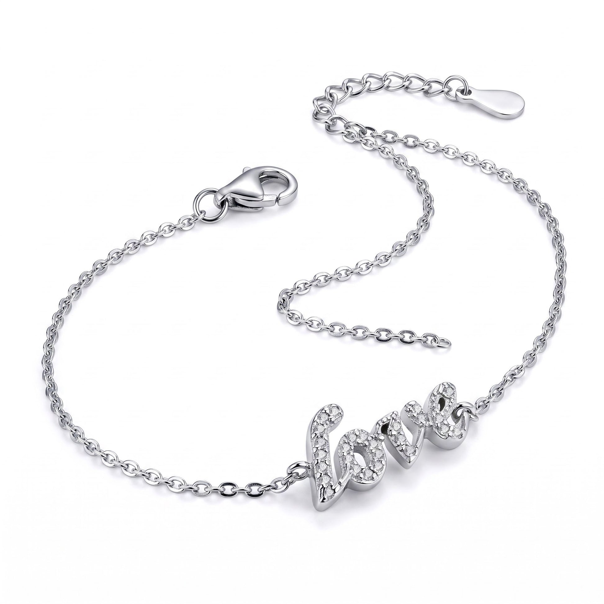 Sterling Silver Stylish 'Love' Clear CZ Bracelet for Women, Chain Link, Dainty Everyday Jewelry Gift