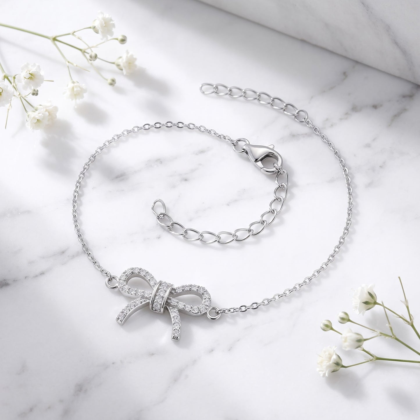 Sterling Silver Classic Bow Clear CZ Bracelet for Women, Chain Link, Dainty Everyday Jewelry Gift view 1