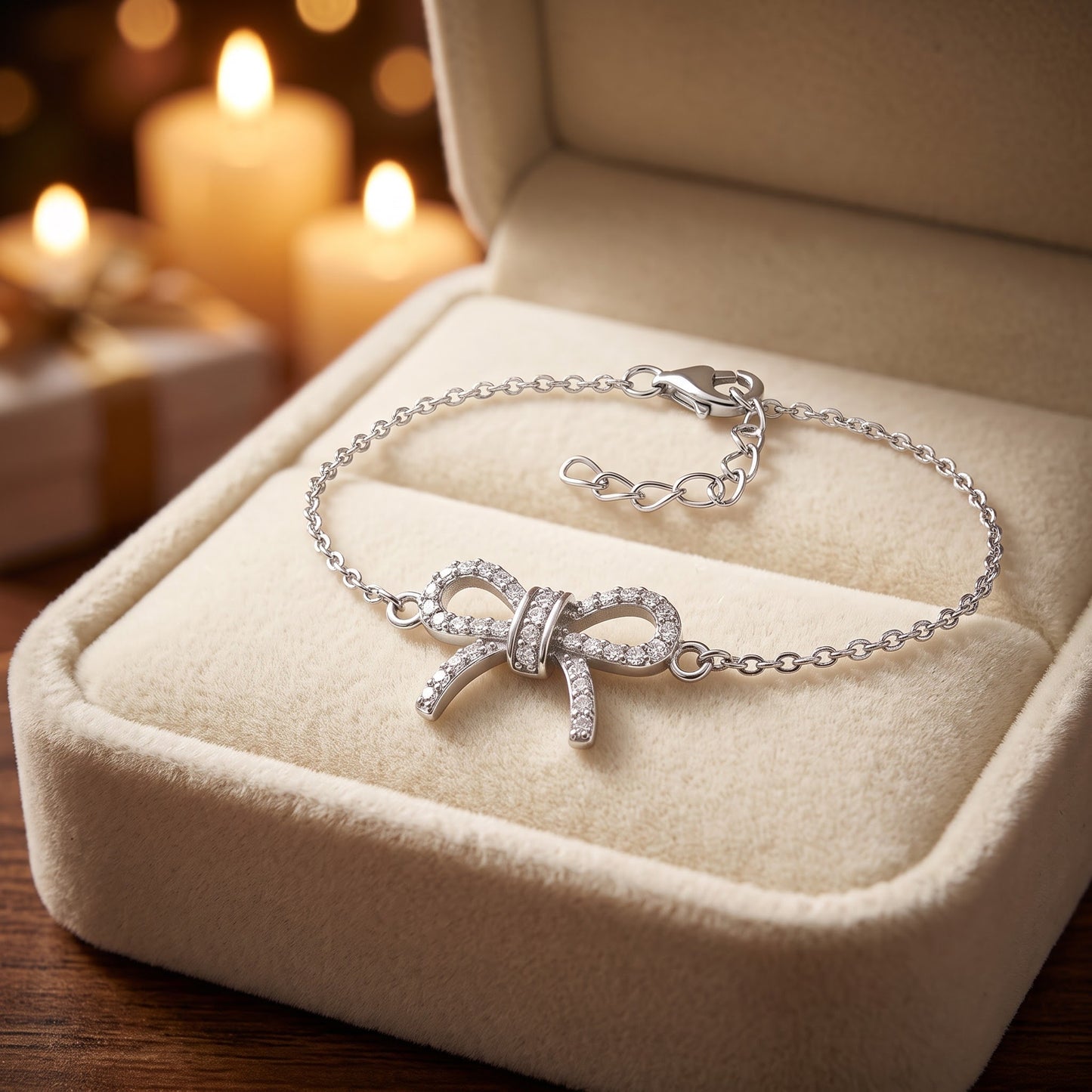 Sterling Silver Classic Bow Clear CZ Bracelet for Women, Chain Link, Dainty Everyday Jewelry Gift view 2