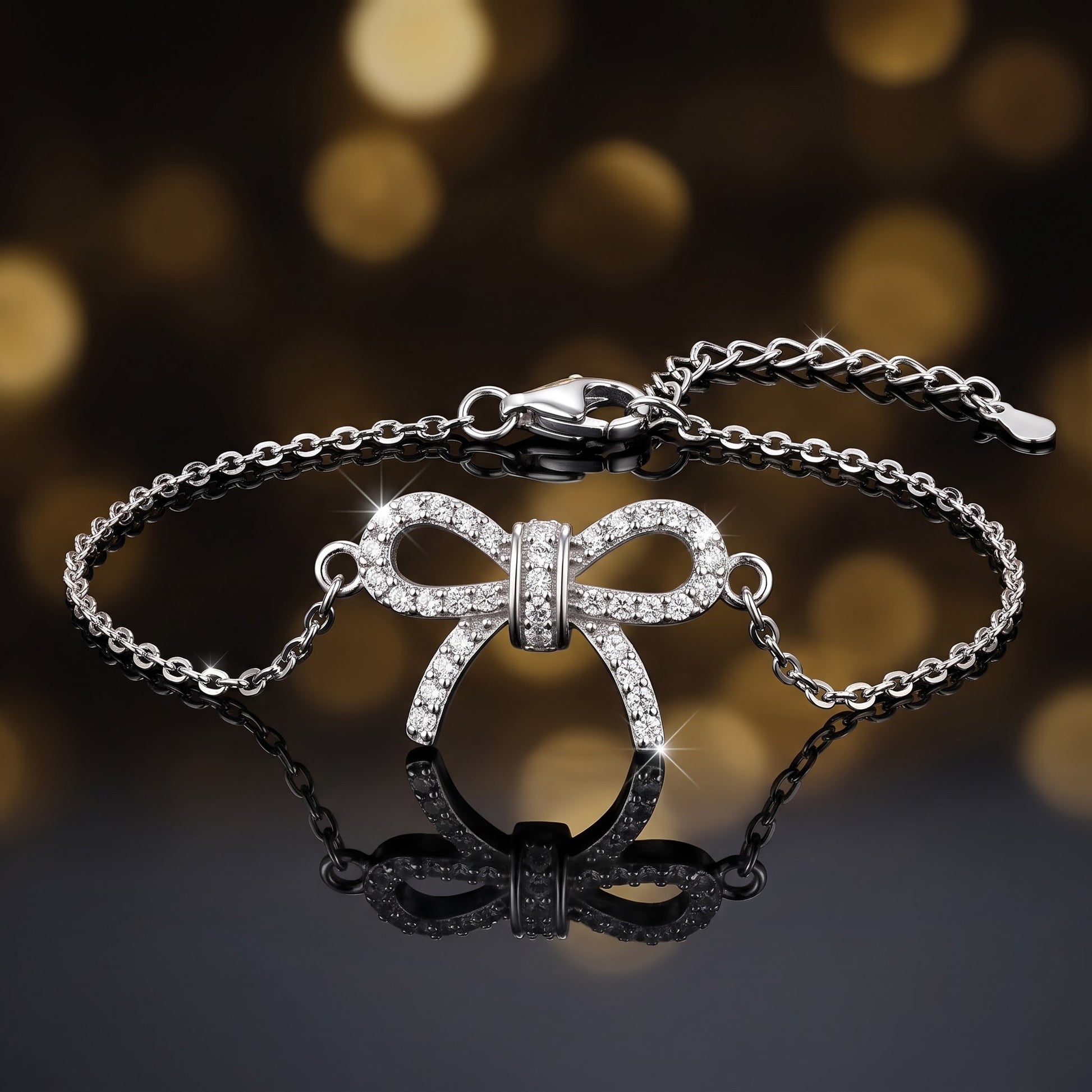 Sterling Silver Classic Bow Clear CZ Bracelet for Women, Chain Link, Dainty Everyday Jewelry Gift view 3