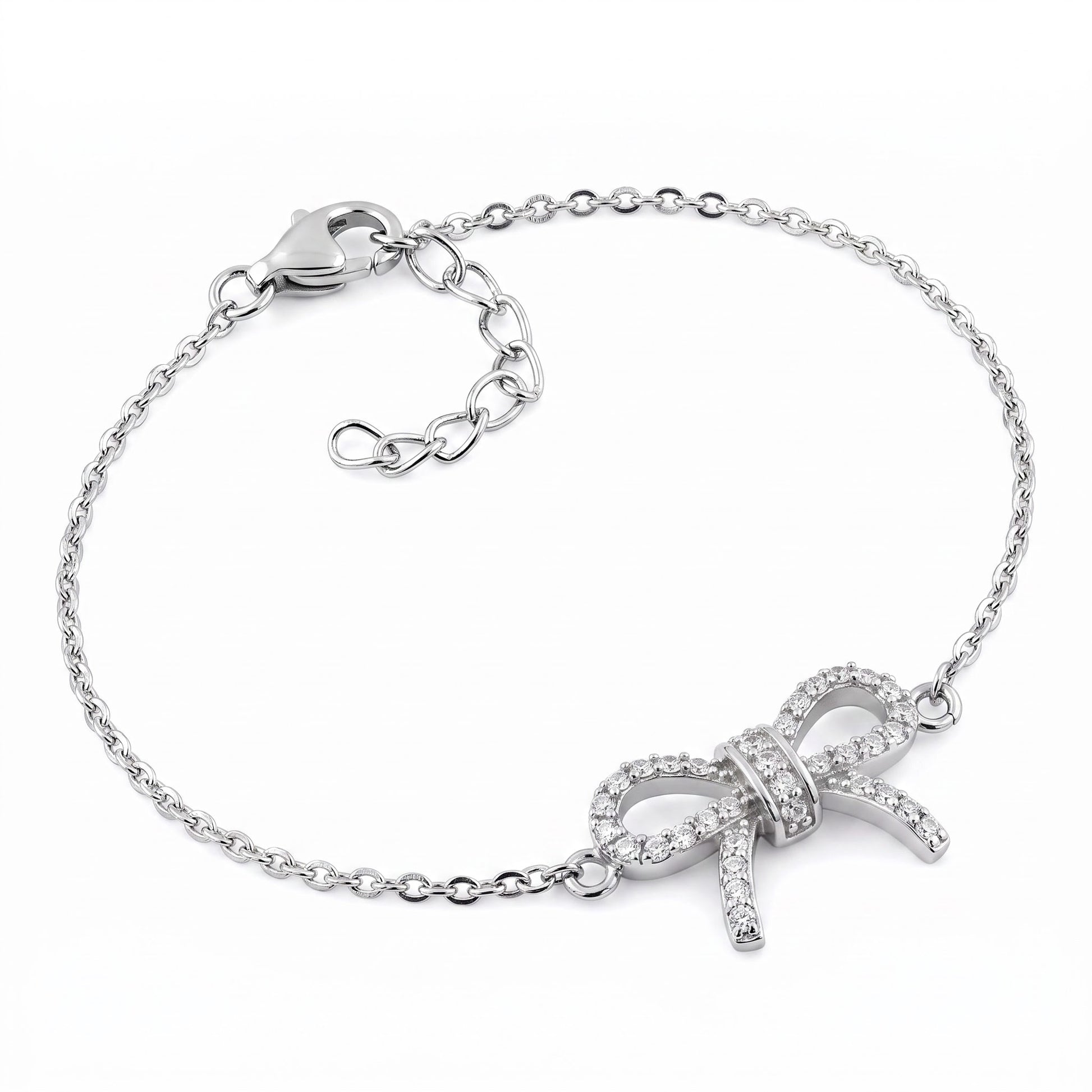 Sterling Silver Classic Bow Clear CZ Bracelet for Women, Chain Link, Dainty Everyday Jewelry Gift