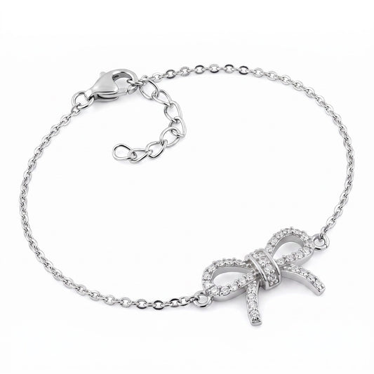 Sterling Silver Classic Bow Clear CZ Bracelet for Women, Chain Link, Dainty Everyday Jewelry Gift