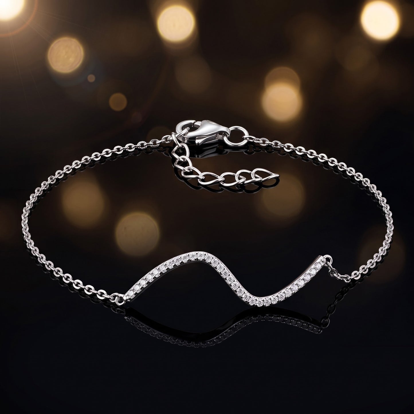 Sterling Silver Cascading Wave Clear CZ Bracelet for Women, Chain Link, Dainty Everyday Jewelry Gift view 3