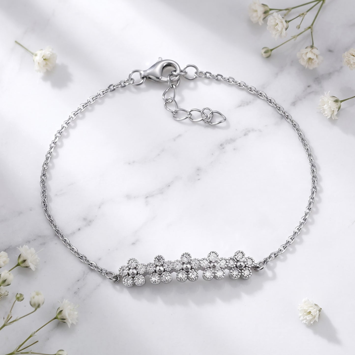 Sterling Silver Row of Flowers Clear CZ Bracelet for Women, Chain Link, Dainty Everyday Jewelry Gift view 1