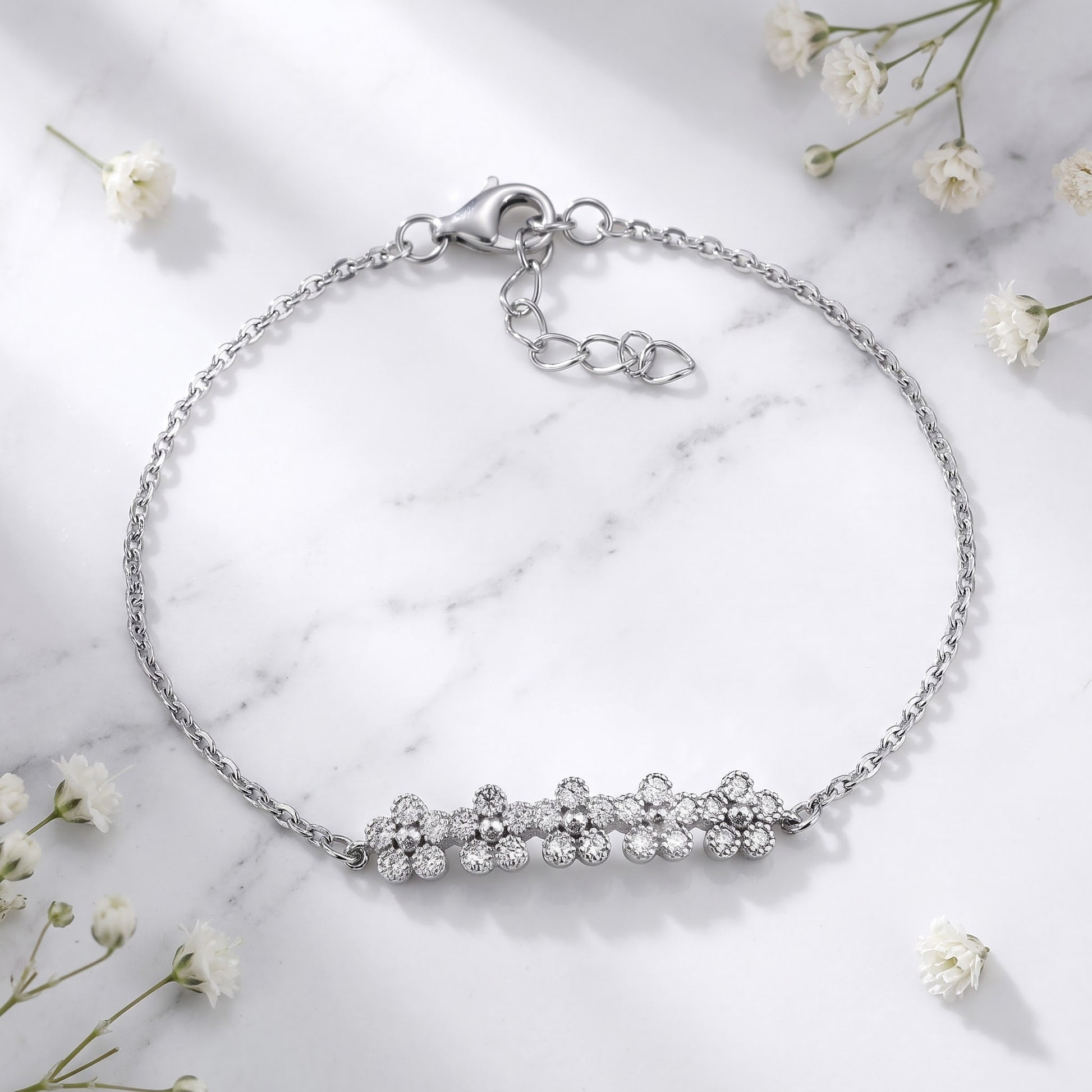 Sterling Silver Row of Flowers Clear CZ Bracelet for Women, Chain Link, Dainty Everyday Jewelry Gift view 1