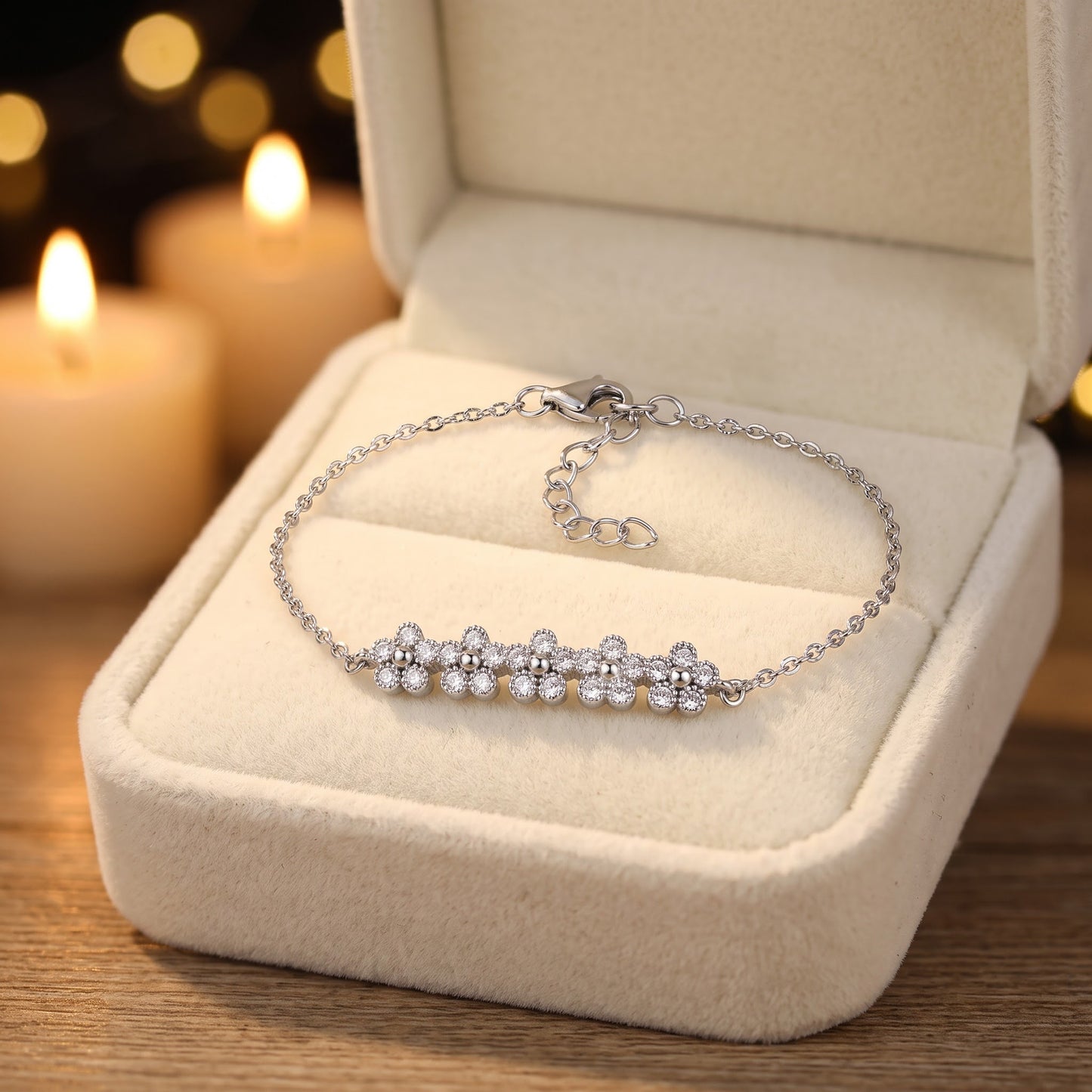 Sterling Silver Row of Flowers Clear CZ Bracelet for Women, Chain Link, Dainty Everyday Jewelry Gift view 2