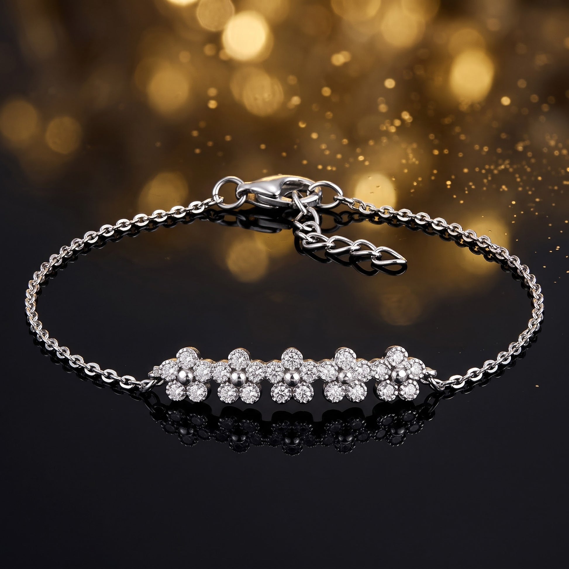 Sterling Silver Row of Flowers Clear CZ Bracelet for Women, Chain Link, Dainty Everyday Jewelry Gift view 3