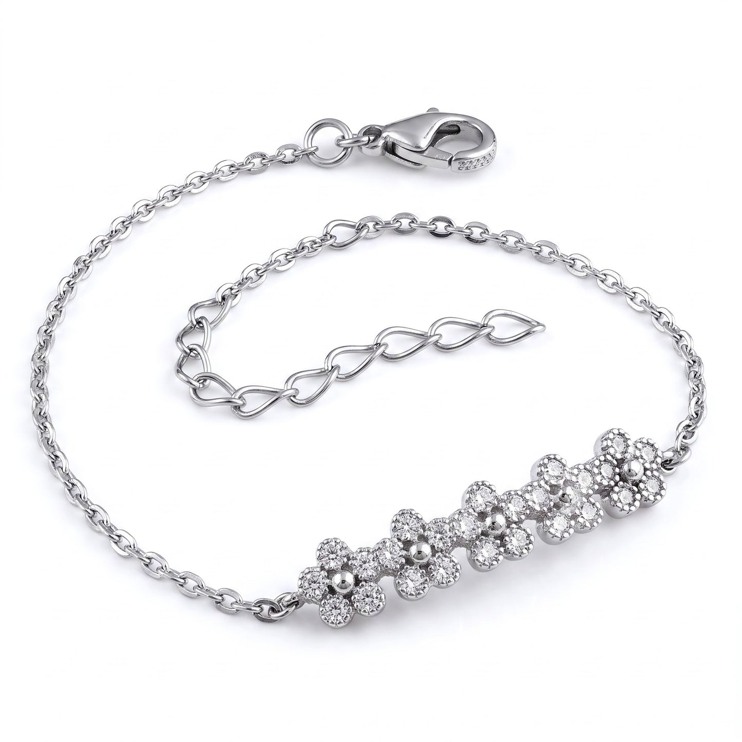 Sterling Silver Row of Flowers Clear CZ Bracelet for Women, Chain Link, Dainty Everyday Jewelry Gift