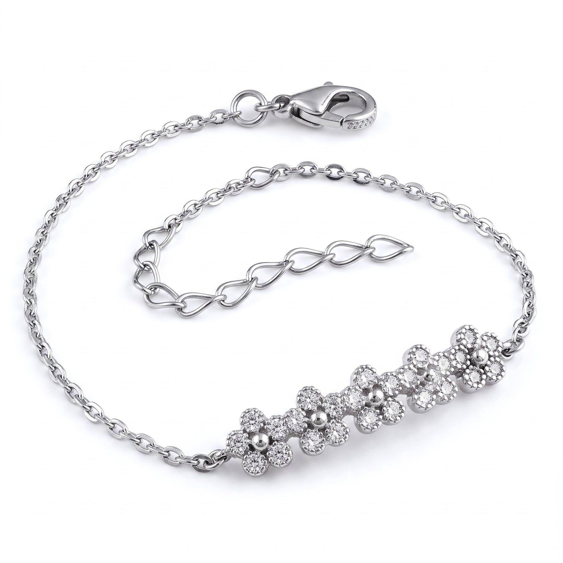 Sterling Silver Row of Flowers Clear CZ Bracelet for Women, Chain Link, Dainty Everyday Jewelry Gift
