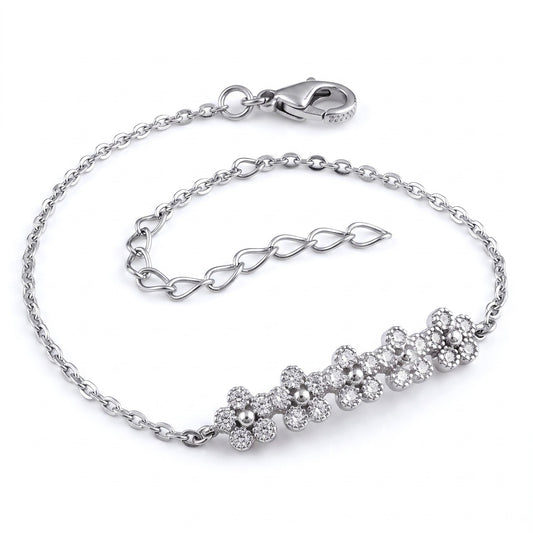 Sterling Silver Row of Flowers Clear CZ Bracelet for Women, Chain Link, Dainty Everyday Jewelry Gift