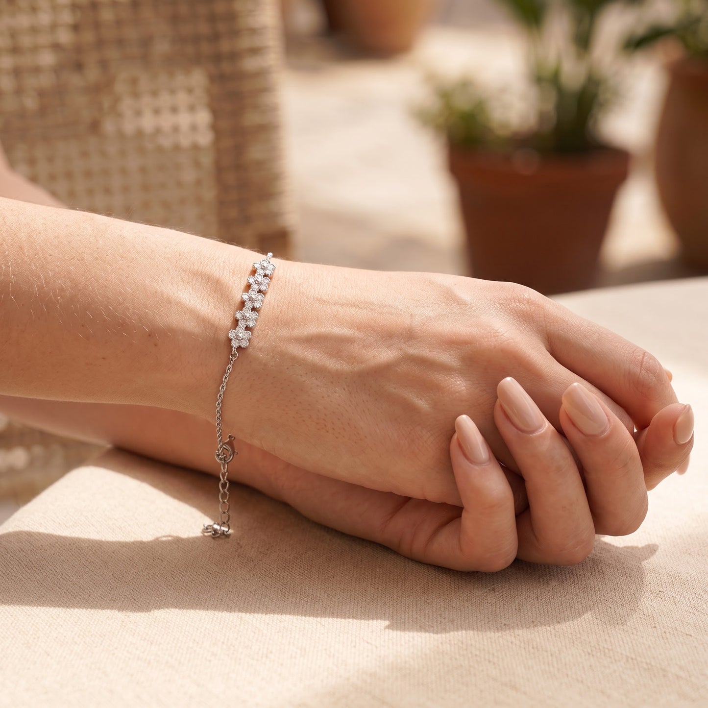 Sterling Silver Row of Flowers Clear CZ Bracelet for Women, Chain Link, Dainty Everyday Jewelry Gift view 4