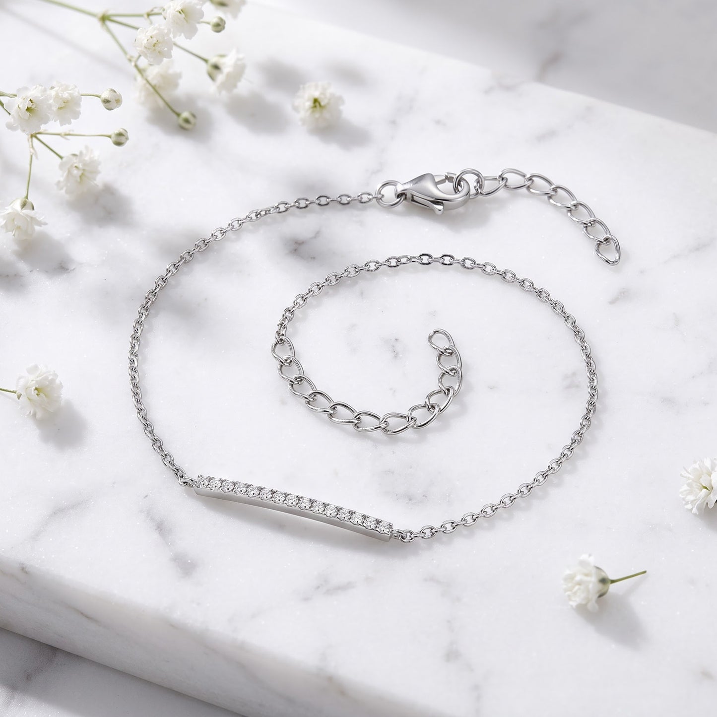 Sterling Silver Bar Clear CZ Bracelet for Women, Chain Link, Dainty Everyday Jewelry Gift view 1