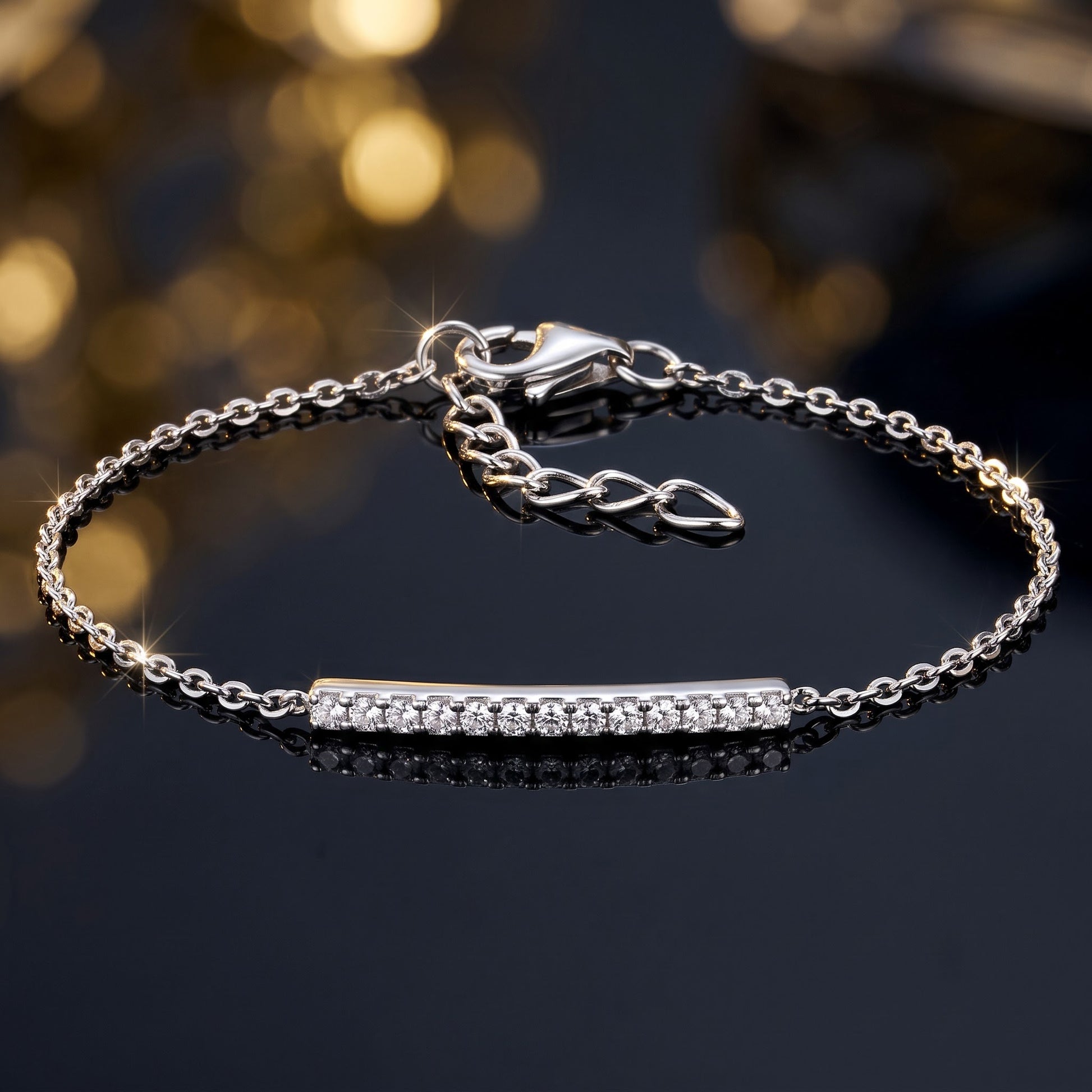 Sterling Silver Bar Clear CZ Bracelet for Women, Chain Link, Dainty Everyday Jewelry Gift view 3