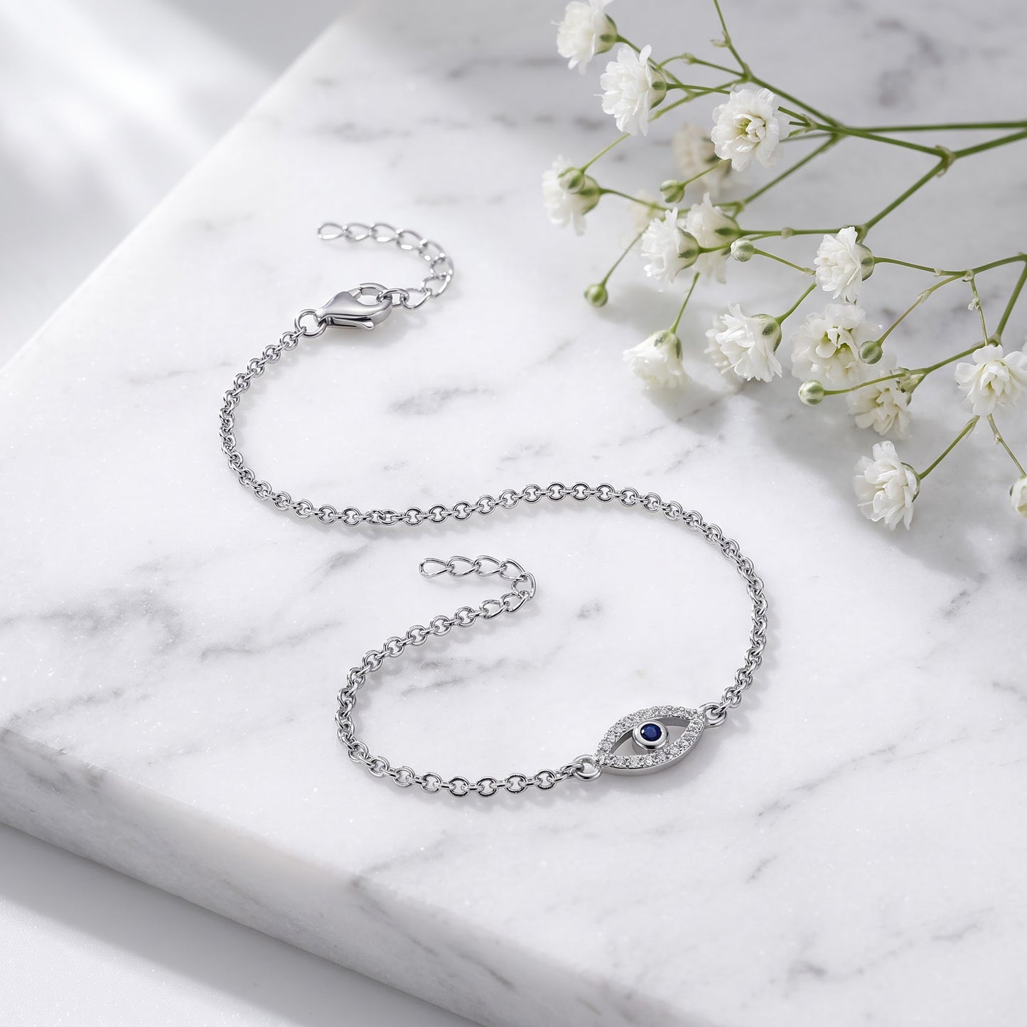 Sterling Silver Evil Eye Blue Spinel & Clear CZ Bracelet for Women, Adjustable Chain, Dainty Everyday Jewelry Gift view 1