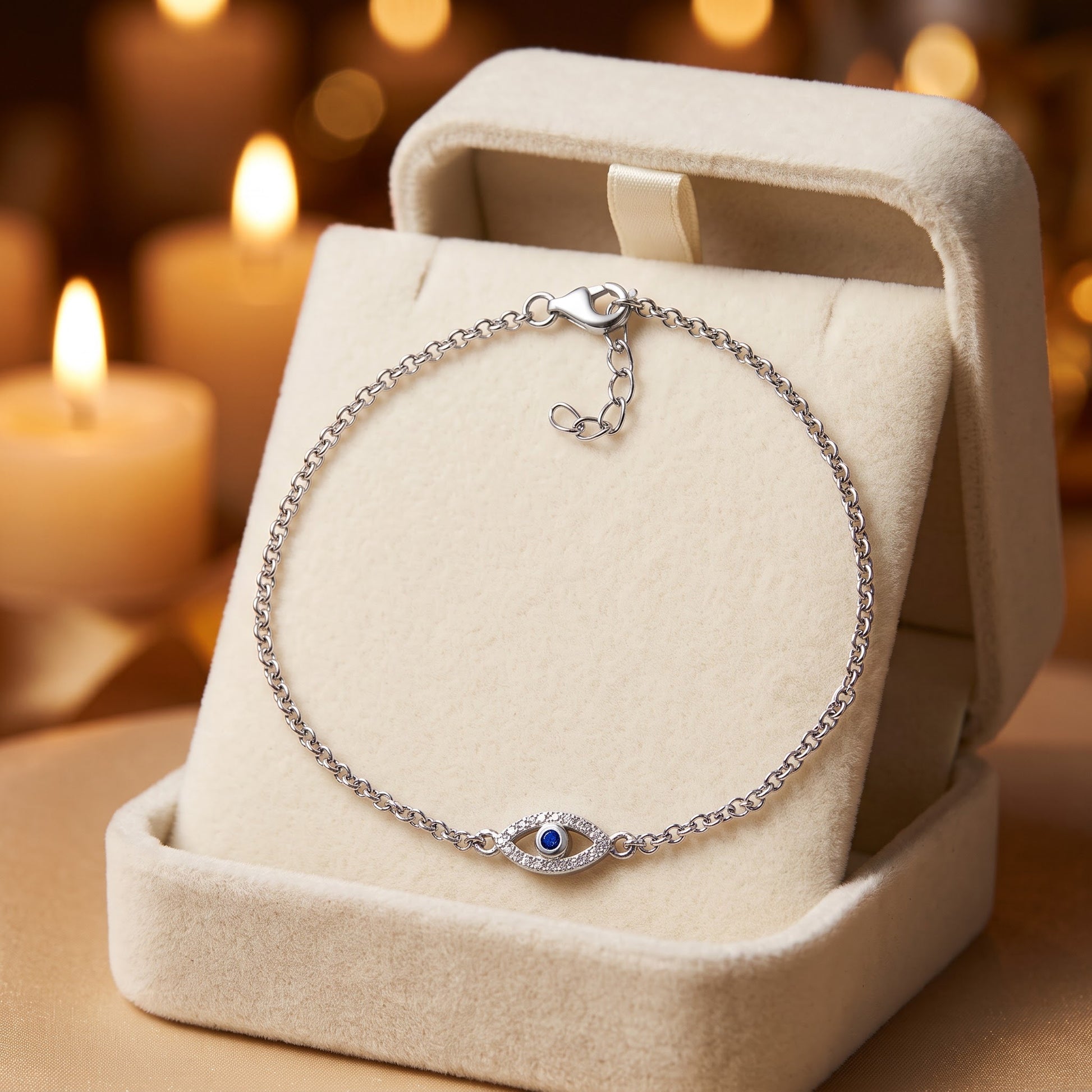 Sterling Silver Evil Eye Blue Spinel & Clear CZ Bracelet for Women, Adjustable Chain, Dainty Everyday Jewelry Gift view 2