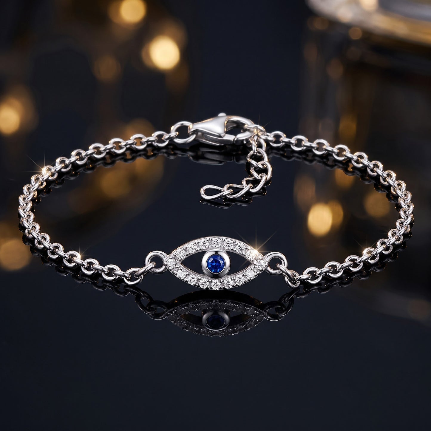 Sterling Silver Evil Eye Blue Spinel & Clear CZ Bracelet for Women, Adjustable Chain, Dainty Everyday Jewelry Gift view 3