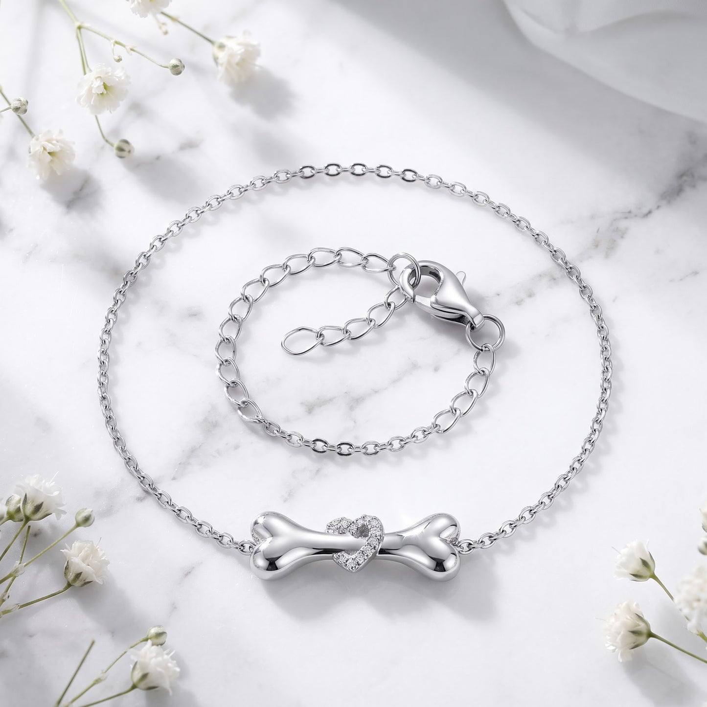 Sterling Silver Dog Bone Clear Heart CZ Bracelet for Women, Dainty Everyday Jewelry Gift view 1