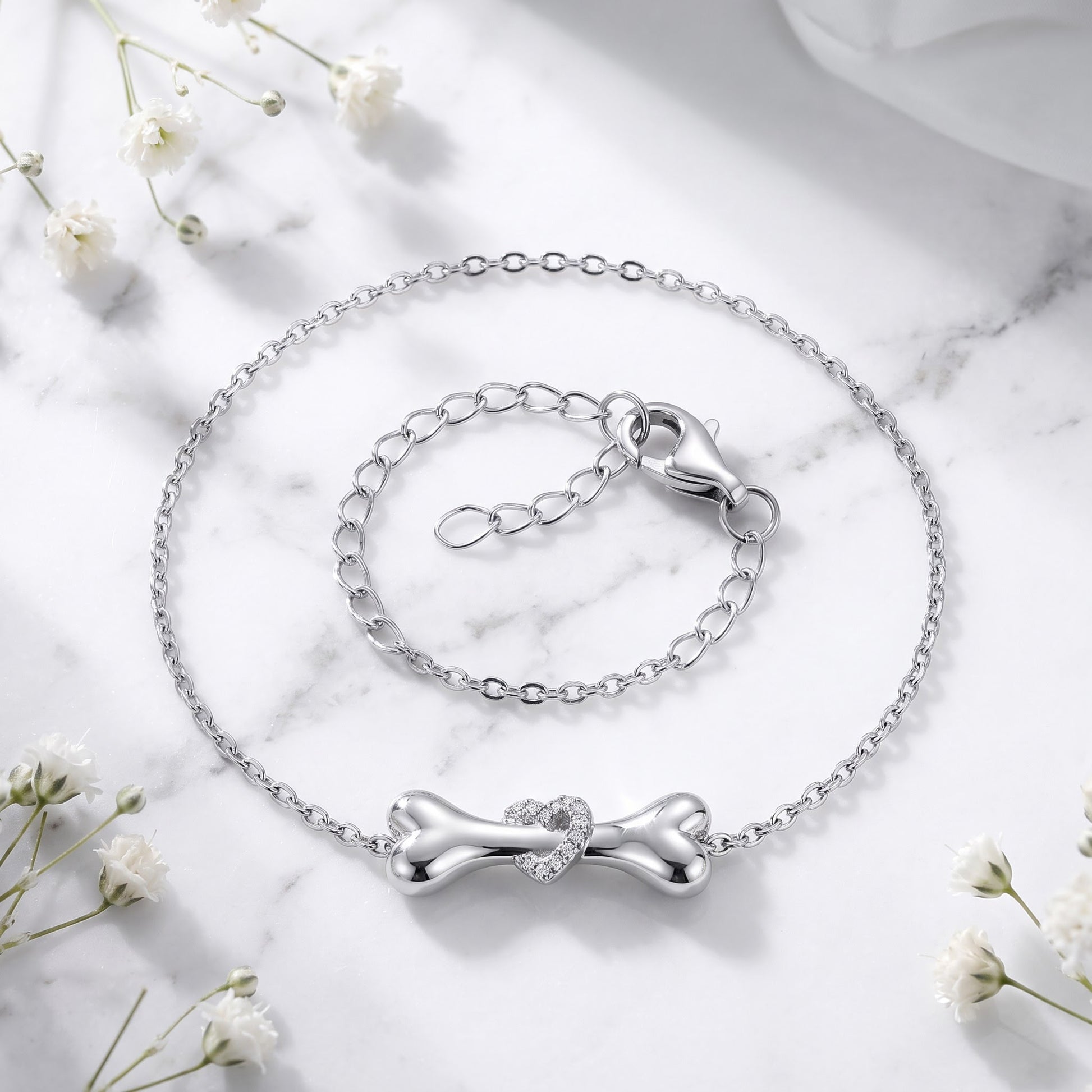 Sterling Silver Dog Bone Clear Heart CZ Bracelet for Women, Dainty Everyday Jewelry Gift view 1