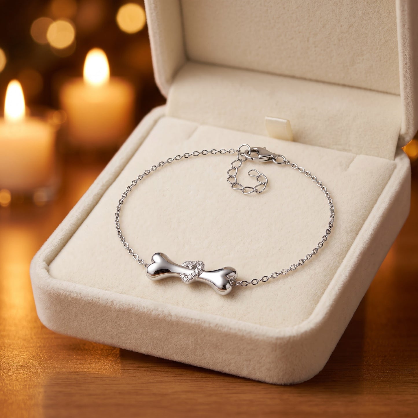 Sterling Silver Dog Bone Clear Heart CZ Bracelet for Women, Dainty Everyday Jewelry Gift view 2