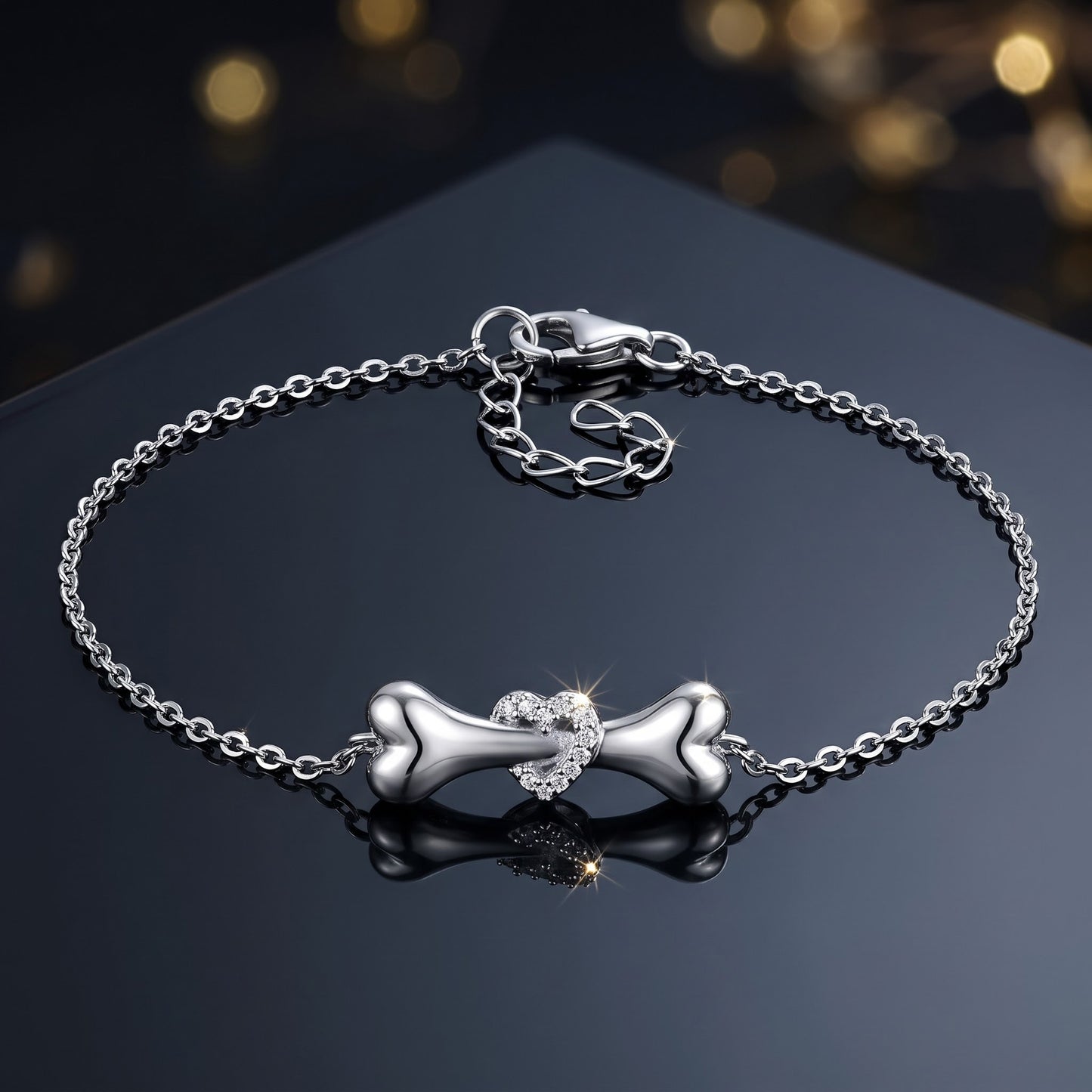 Sterling Silver Dog Bone Clear Heart CZ Bracelet for Women, Dainty Everyday Jewelry Gift view 3