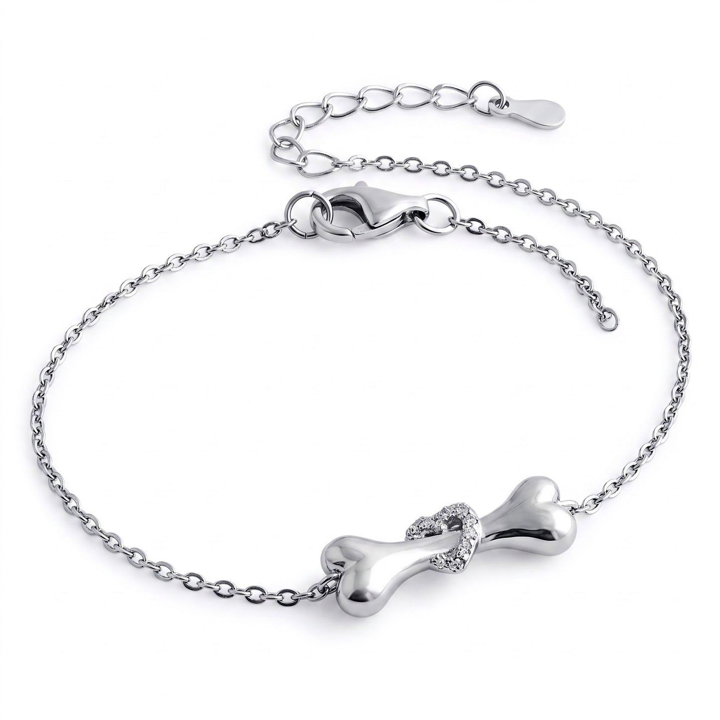 Sterling Silver Dog Bone Clear Heart CZ Bracelet for Women, Dainty Everyday Jewelry Gift