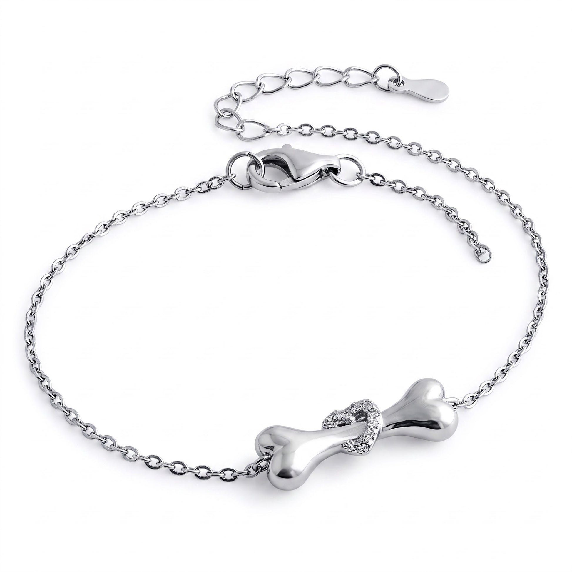 Sterling Silver Dog Bone Clear Heart CZ Bracelet for Women, Dainty Everyday Jewelry Gift