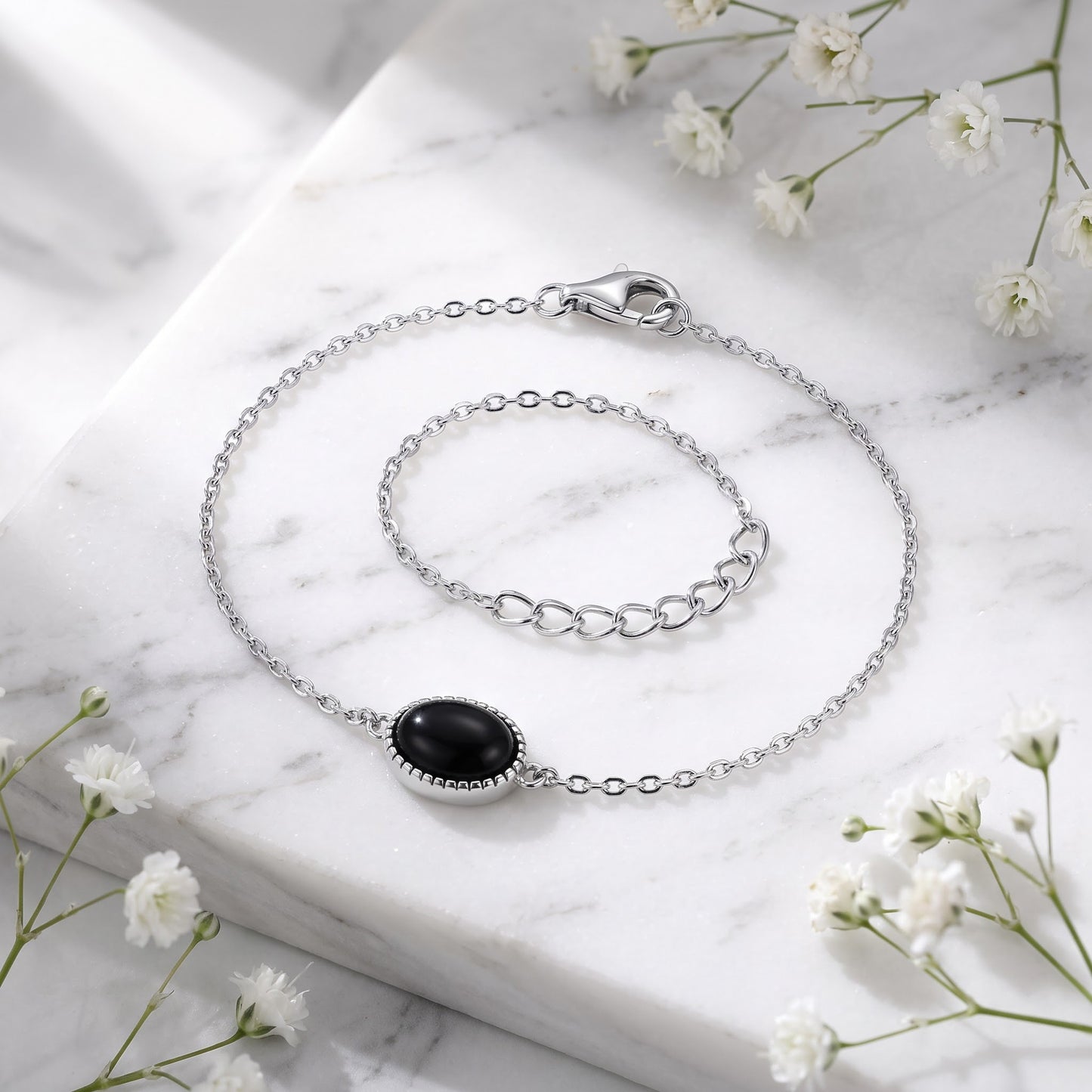 Sterling Silver Black Oval Stone Bracelet for Women, Chain Link, Dainty Everyday Jewelry Gift view 1