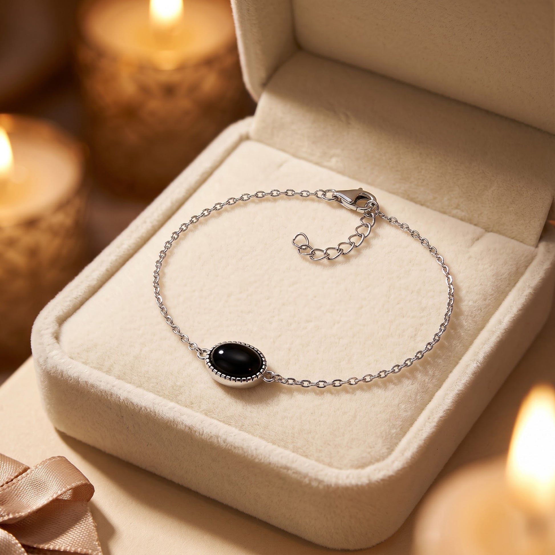 Sterling Silver Black Oval Stone Bracelet for Women, Chain Link, Dainty Everyday Jewelry Gift view 2