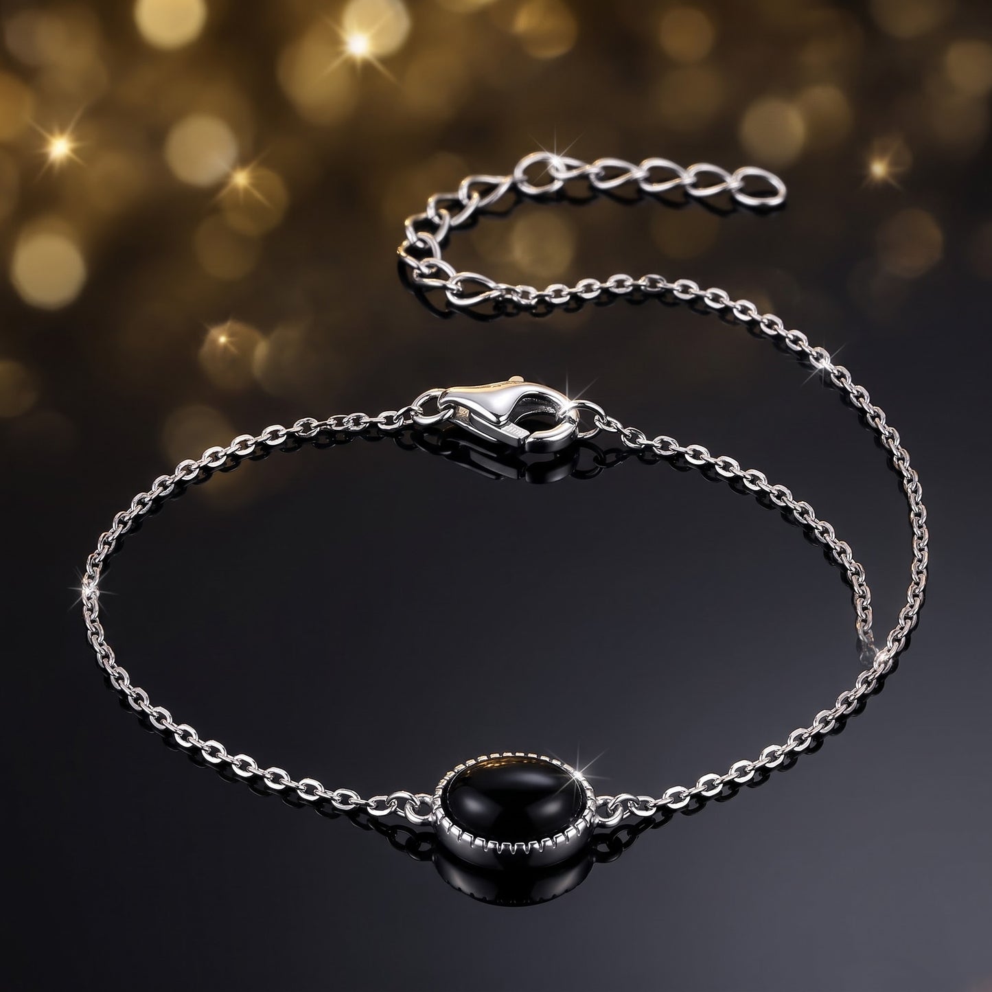 Sterling Silver Black Oval Stone Bracelet for Women, Chain Link, Dainty Everyday Jewelry Gift view 3