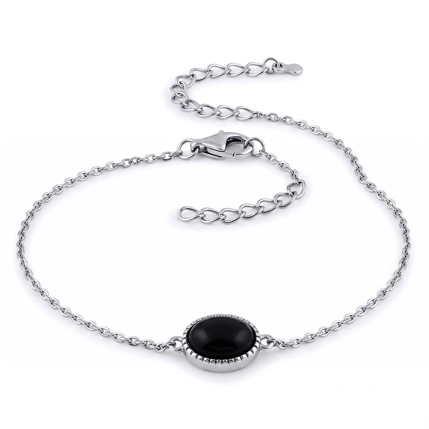 Sterling Silver Black Oval Stone Bracelet for Women, Chain Link, Dainty Everyday Jewelry Gift