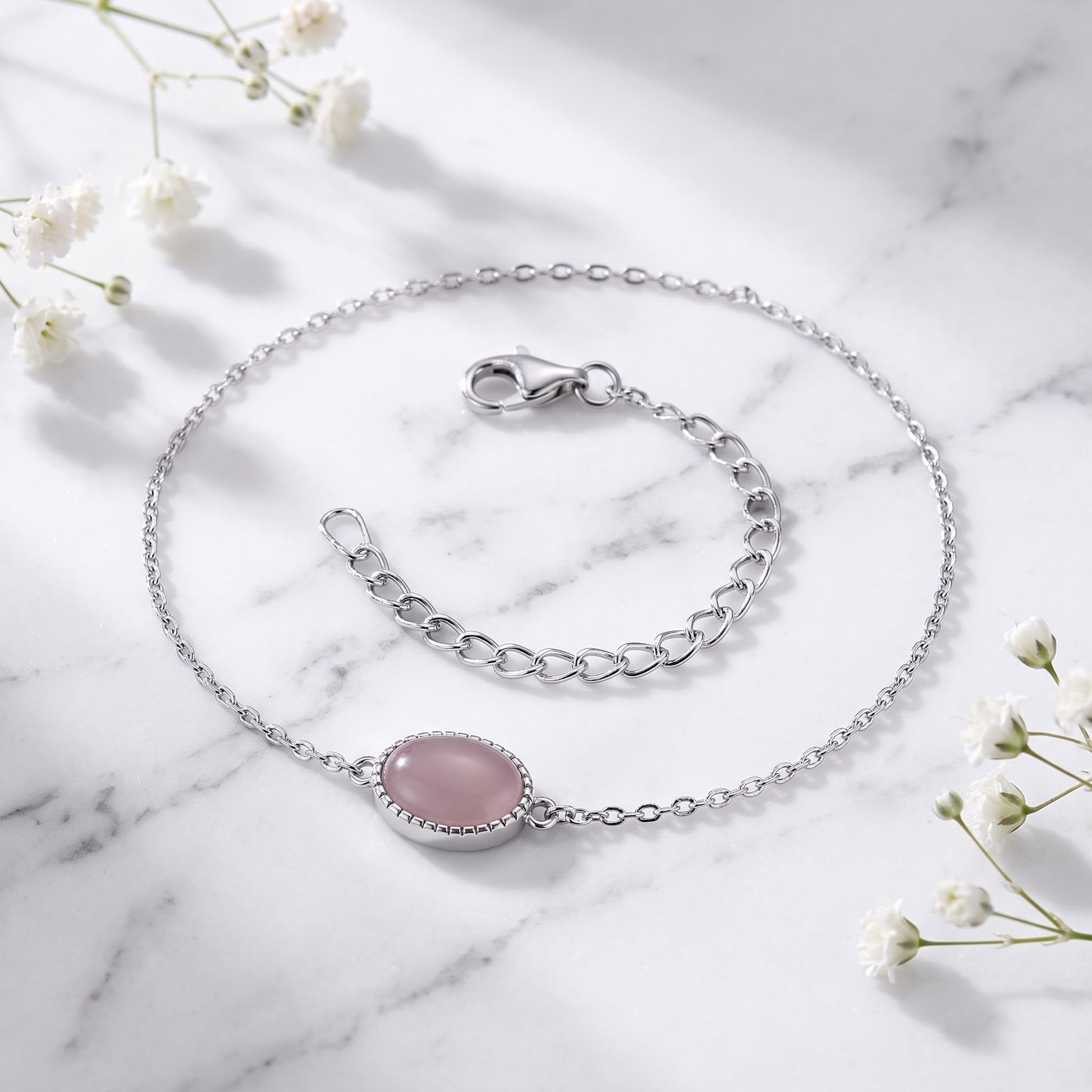 Sterling Silver Dusty Pink Oval Bracelet for Women, Chain Link, Dainty Everyday Jewelry Gift view 1