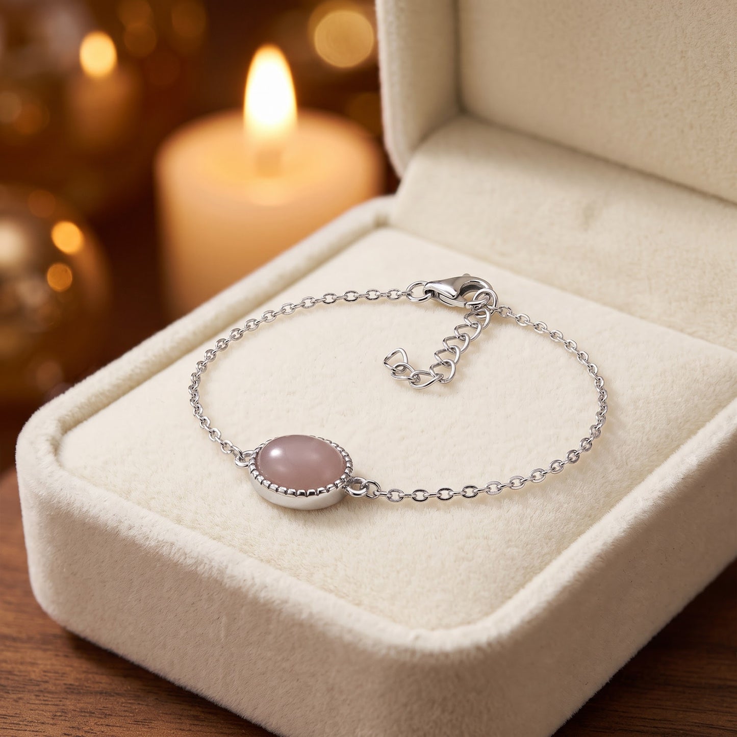 Sterling Silver Dusty Pink Oval Bracelet for Women, Chain Link, Dainty Everyday Jewelry Gift view 2